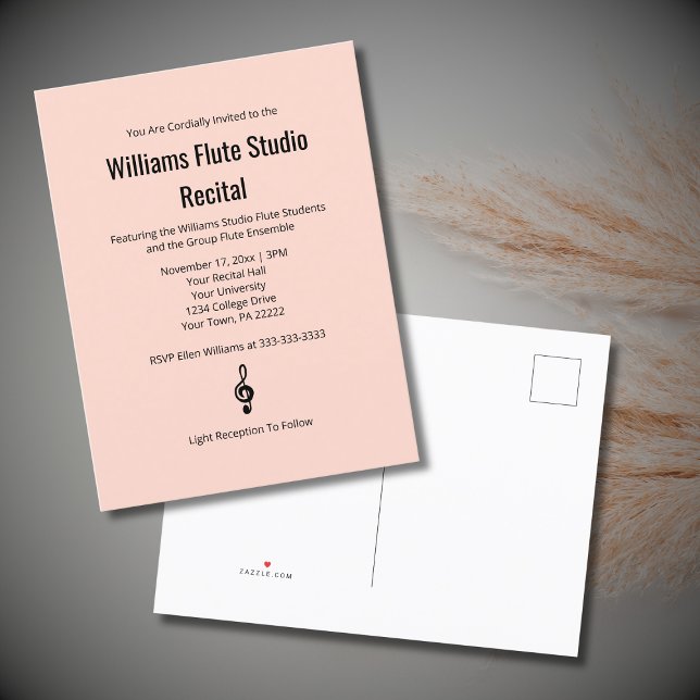 Invitation Carte Postale Simple Clé Treble Flute Pink Music Considérant (Créateur téléchargé)