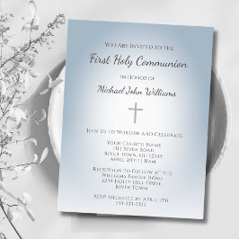 Invitation Carte Postale Simple Cross Boys Première communion Dusty Blue