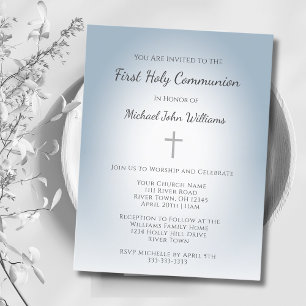 Invitation Carte Postale Simple Cross Boys Première communion Dusty Blue
