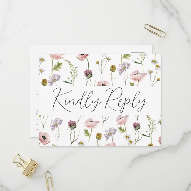 Invitation Carte Postale Simple Fleur sauvage Boho Jardin Mariage RSVP (Devant/Arrière en situation)