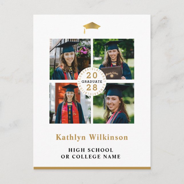 Invitation Carte Postale Simple Gold Modern 4 Photo Collage Graduation (Devant)