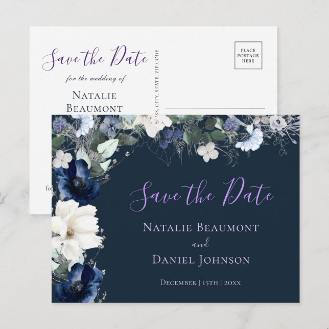Invitation Carte Postale Simple Navy Blue Floral Enregistrer la date (Devant / Derrière)
