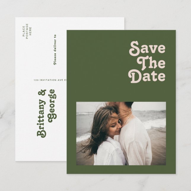 Invitation Carte Postale Simple Retro Vibe Olive Green Photo Enregistrer La (Devant / Derrière)