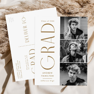 Invitation Carte Postale Simplicité moderne laiton 3 Photo Graduation Party