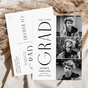 Invitation Carte Postale Simplicité moderne Noir 3 Photo Graduation Party