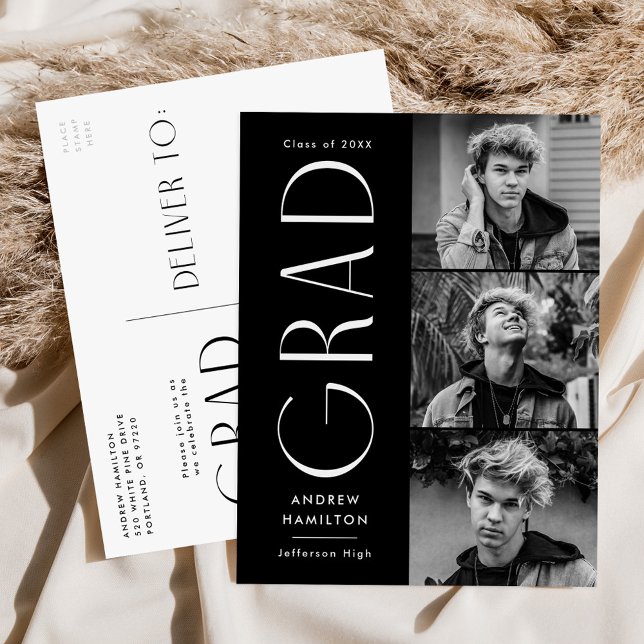 Invitation Carte Postale Simplicité moderne Noir 3 Photo Graduation Party (Créateur téléchargé)