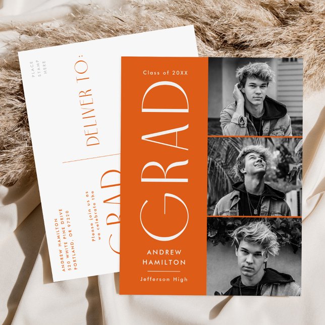 Invitation Carte Postale Simplicité moderne Orange 3 Photo Graduation Party (Créateur téléchargé)