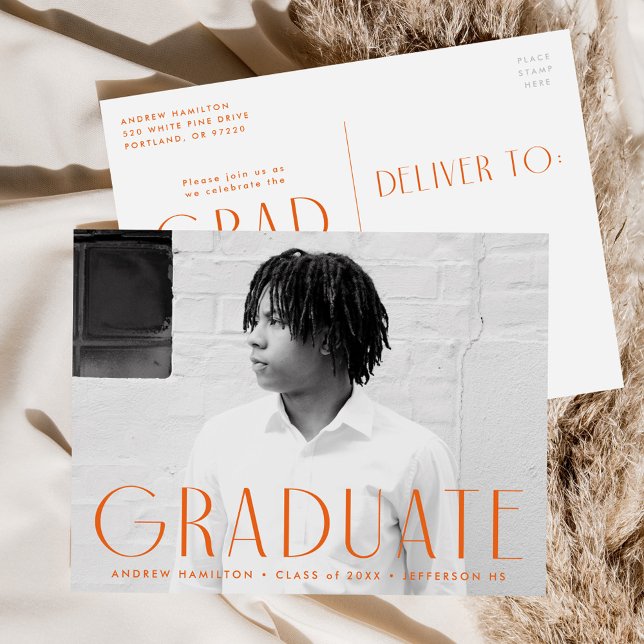 Invitation Carte Postale Simplicité moderne Orange Photo Graduation Party (Créateur téléchargé)