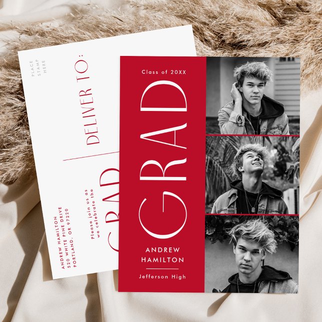 Invitation Carte Postale Simplicité moderne Red 3 Photo Graduation Party (Créateur téléchargé)