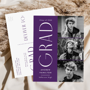 Invitation Carte Postale Simplicité moderne violet 3 Photo Graduation Party