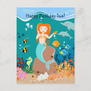 Invitation Carte Postale Sirène et dauphins sous la mer fête d'anniversaire