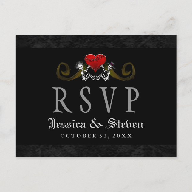 Invitation Carte Postale Skeletons d'Halloween et Mariage Correspondant Coe (Devant)