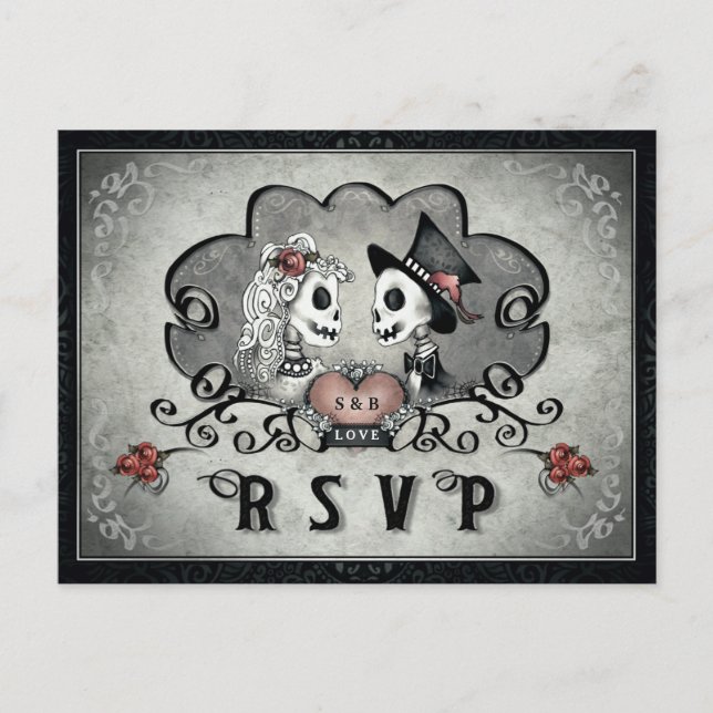Invitation Carte Postale Skeletons d'Halloween gris noir et coeur rouge RSV (Devant)