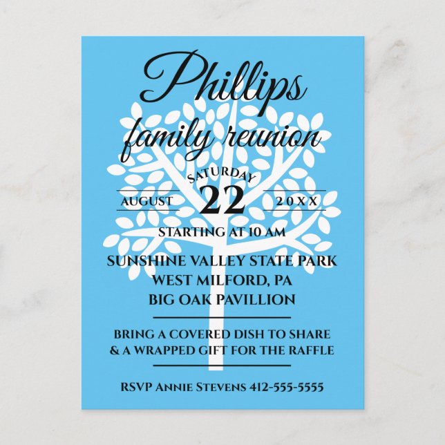 Invitation Carte Postale Sky Blue Family Reunion White Tree Silhouette (Devant)