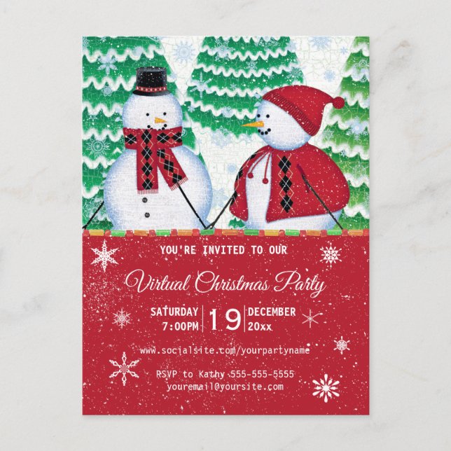 Invitation Carte Postale Snowman Couple Flèches de neige Fête de Noël Rouge (Devant)