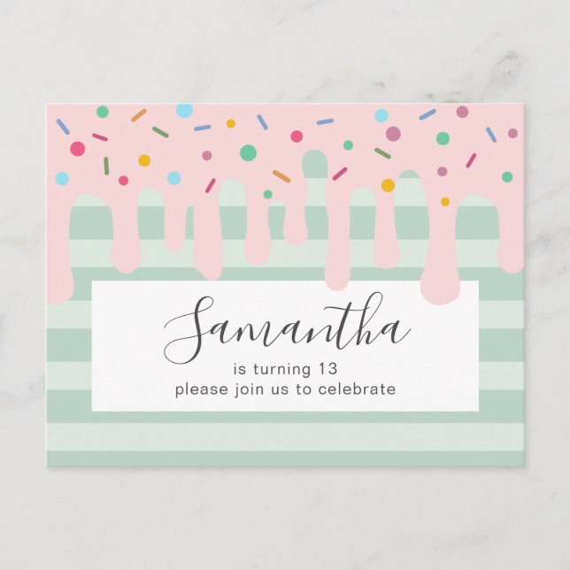 Invitation Carte Postale Soirée Anniversaire avec goutte rose (Devant)