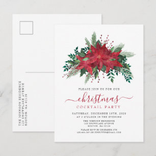 Invitation Carte Postale Soirée Cocktail de Noël Elégant Rouge Poinsettia