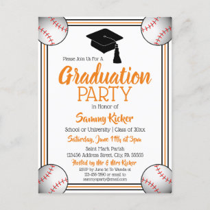 Invitation Carte Postale Soirée de baseball Orange & Black Graduation Party