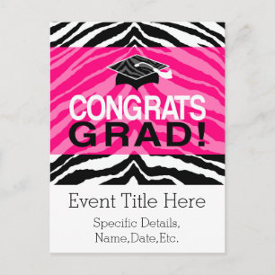 Invitation Carte Postale Soirée de graduation de Zèbre noir rose personnali