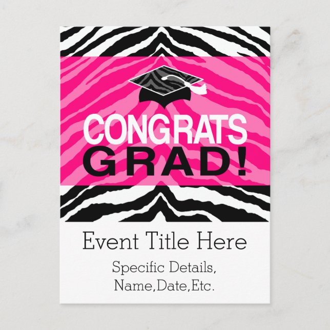 Invitation Carte Postale Soirée de graduation de Zèbre noir rose personnali (Devant)