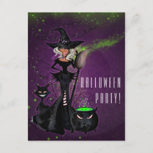 Invitation Carte Postale Soirée d'Halloween Sorcière Glam en Noir Vert Viol