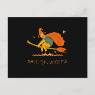 Invitation Carte Postale Sorcière d'Halloween Tortue Volante Balai Salem