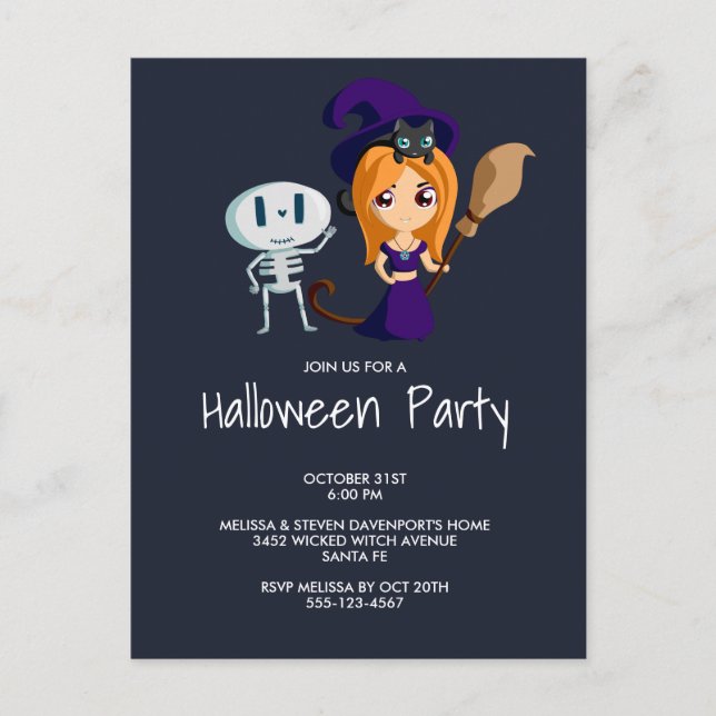 Invitation Carte Postale Sorcière mignonne dans la fête d'Halloween Casquet (Devant)
