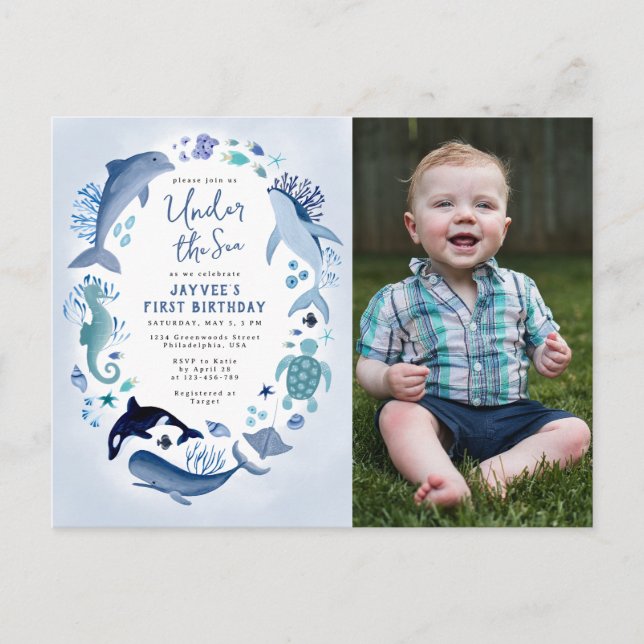 Invitation Carte Postale Sous la mer Blue Boy Photo Chaque année Anniversai (Devant)