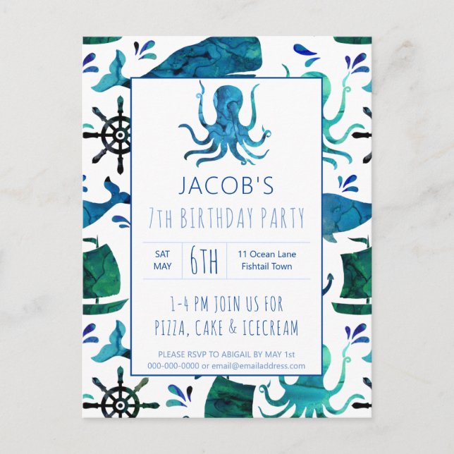 Invitation Carte Postale Sous l'aquarelle de la mer Octopus Anniversaire Na (Devant)