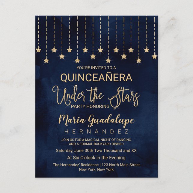 Invitation Carte Postale Sous les étoiles Marine Blue Gold Sparkle Quinceañ (Devant)