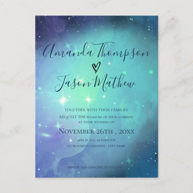 Invitation Carte Postale Sous les étoiles violet Mariage de typographie (Devant)