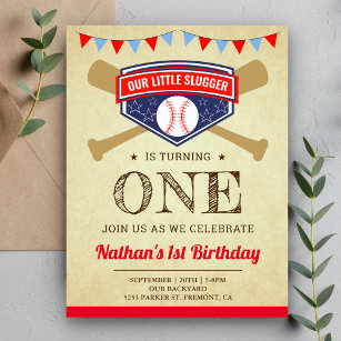 Invitation Carte Postale Sports vintages Baseball 1er anniversaire