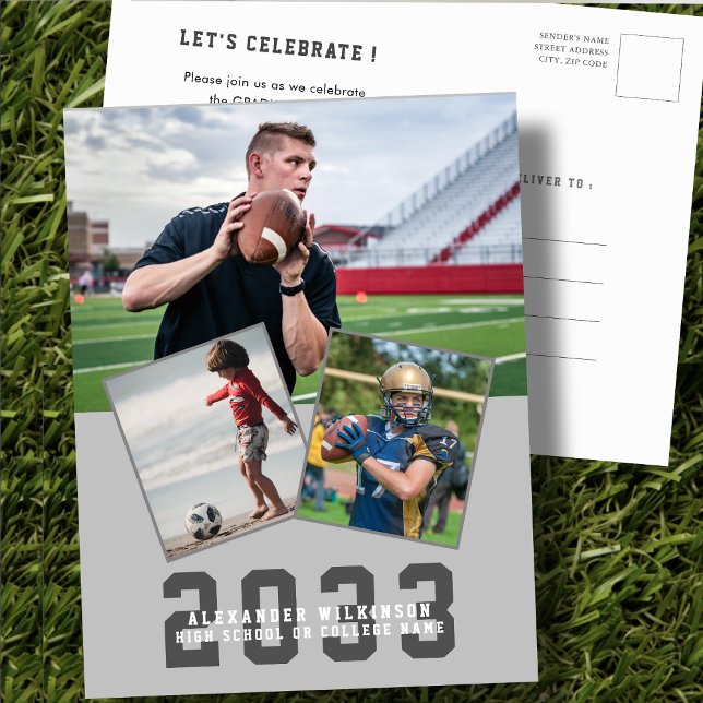 Invitation Carte Postale Sporty Guy Modern Bold Script 3 Photo Graduation (Créateur téléchargé)