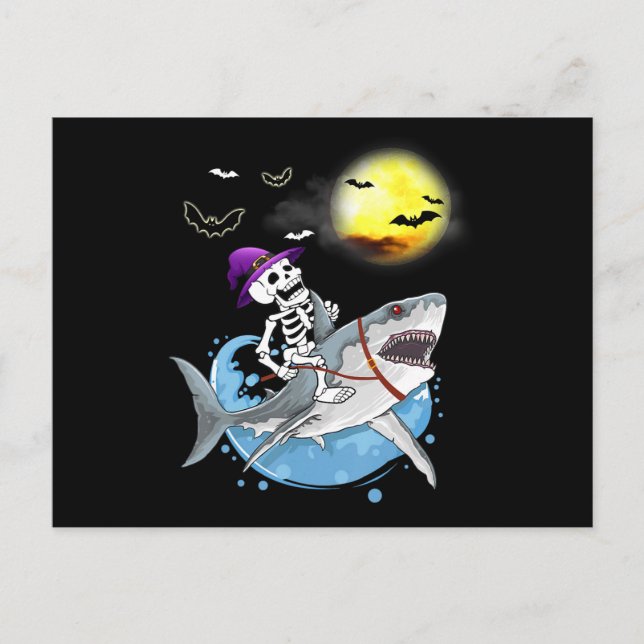 Invitation Carte Postale Squelette Drôle à Cheval sur un Requin Halloween G (Devant)