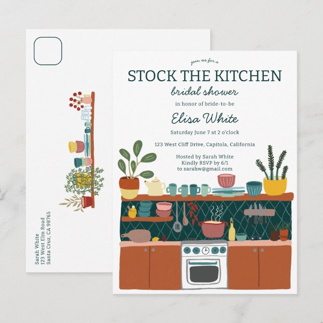 Invitation Carte Postale STOCK THE KITCHEN Bridal Shower Cute CUSTOM (Devant / Derrière)
