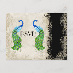 Invitation Carte Postale Style Art Déco Peacock noir n crème Vintage dentel