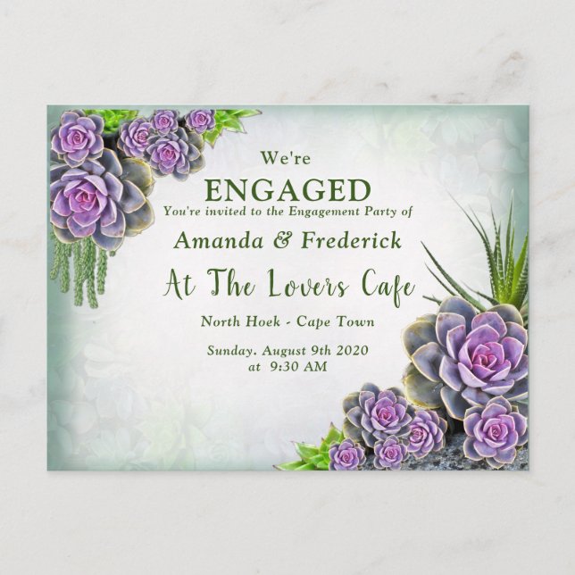 Invitation Carte Postale Succulent vert de mer, violet Fiançailles Bouquet (Devant)