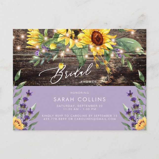 Invitation Carte Postale Sunflower et Lavender Bridal Rustic Douche (Devant)