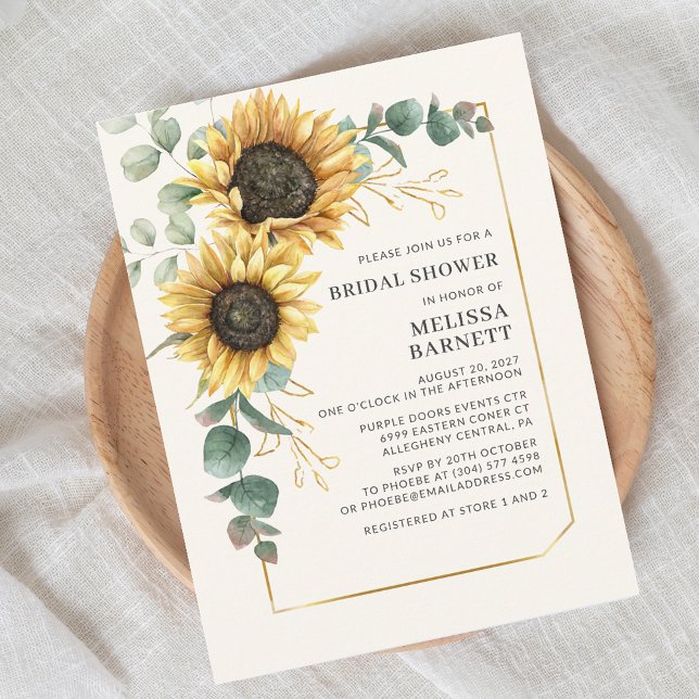 Invitation Carte Postale Sunflower Eucalyptus Gold Frame Fête des mariées (Elegant Sunflower Eucalyptus Script First Last Name Bridal Shower Invitation)