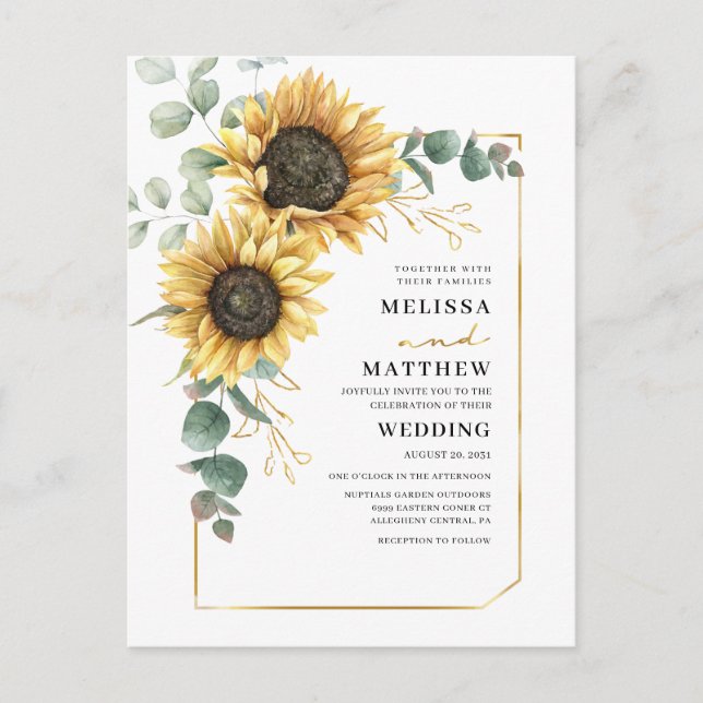 Invitation Carte Postale Sunflower Eucalyptus Mariage botanique (Devant)