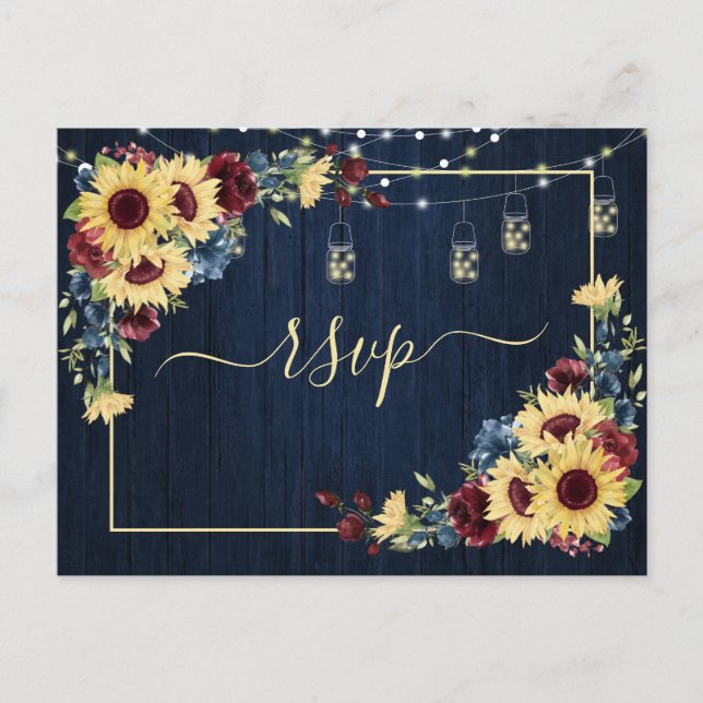 Invitation Carte Postale Sunflower Navy Bleu Bourgogne Bois Floral RSVP (Devant)
