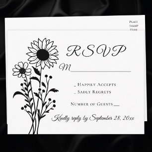 Invitation Carte Postale Sunflower Noir Blanc Floral Mariage RSVP