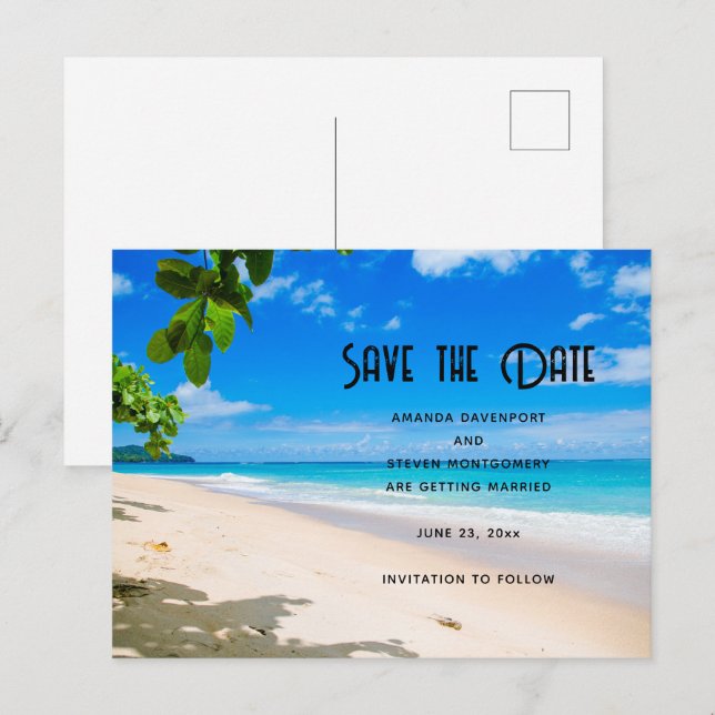 Invitation Carte Postale Sunny Tropical Beach Photo Enregistrer la date (Devant / Derrière)