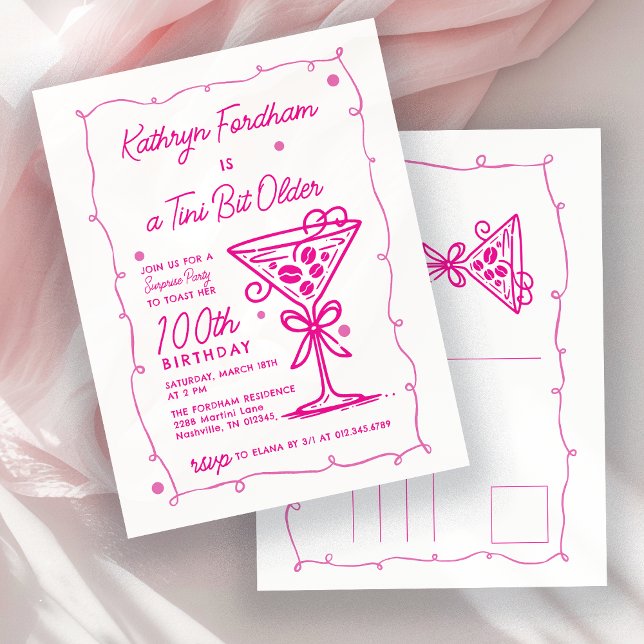 Invitation Carte Postale SURPRISE FÊTE 100e Anniversaire Pink Doodle Martin (Créateur téléchargé)
