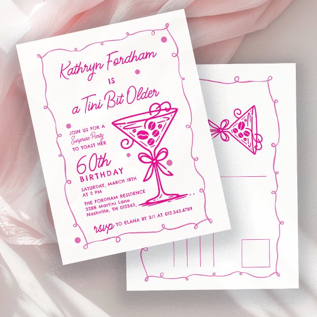 Invitation Carte Postale SURPRISE FÊTE 60e anniversaire Doodle rose Martini (Créateur téléchargé)