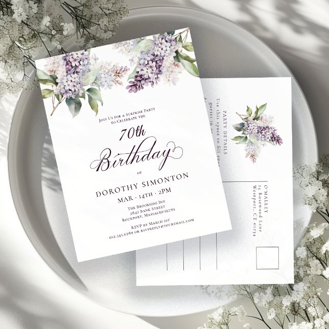 Invitation Carte Postale SURPRISE PARTY 70e anniversaire Purple Lilac Flora (Créateur téléchargé)