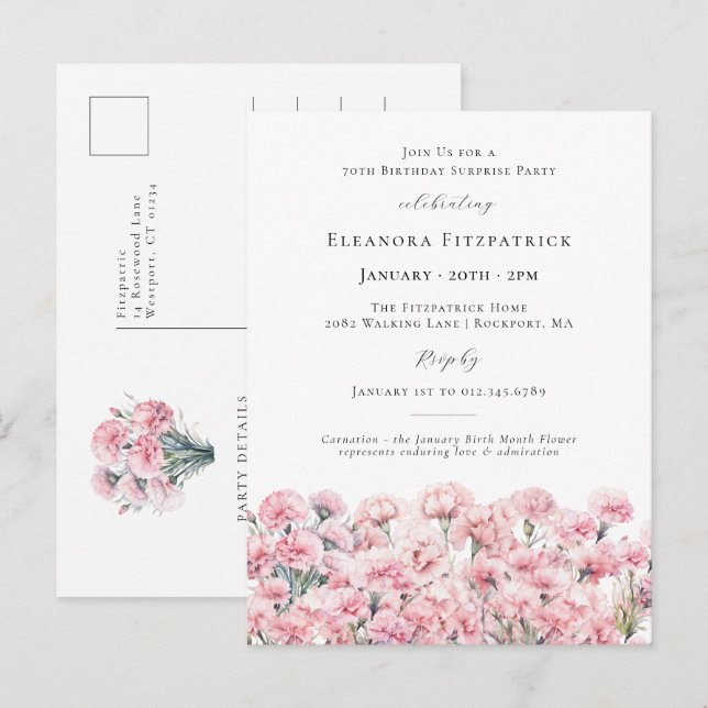 Invitation Carte Postale SURPRISE PARTY 70th Carnation January Birth Flower (Devant / Derrière)