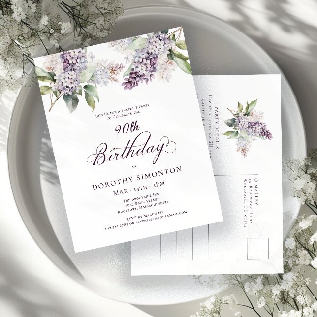 Invitation Carte Postale SURPRISE PARTY 90e anniversaire Purple Lilac Flora (Créateur téléchargé)