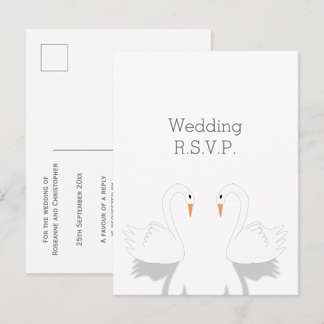 Invitation Carte Postale Swans Design Wedding RSVP (Devant / Derrière)