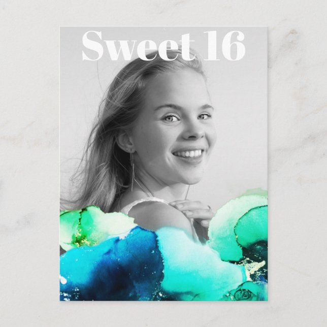 Invitation Carte Postale ~* Sweet 16 Anniversaire Photo Green Navy Mint AP2 (Devant)